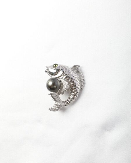 Silver Gold Fish With Tahitian Pearl Brooch