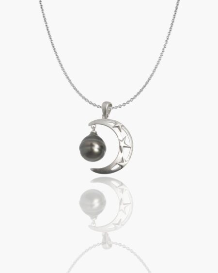 Crescent Moon And Stars Tahitian Black Pearl Pendant